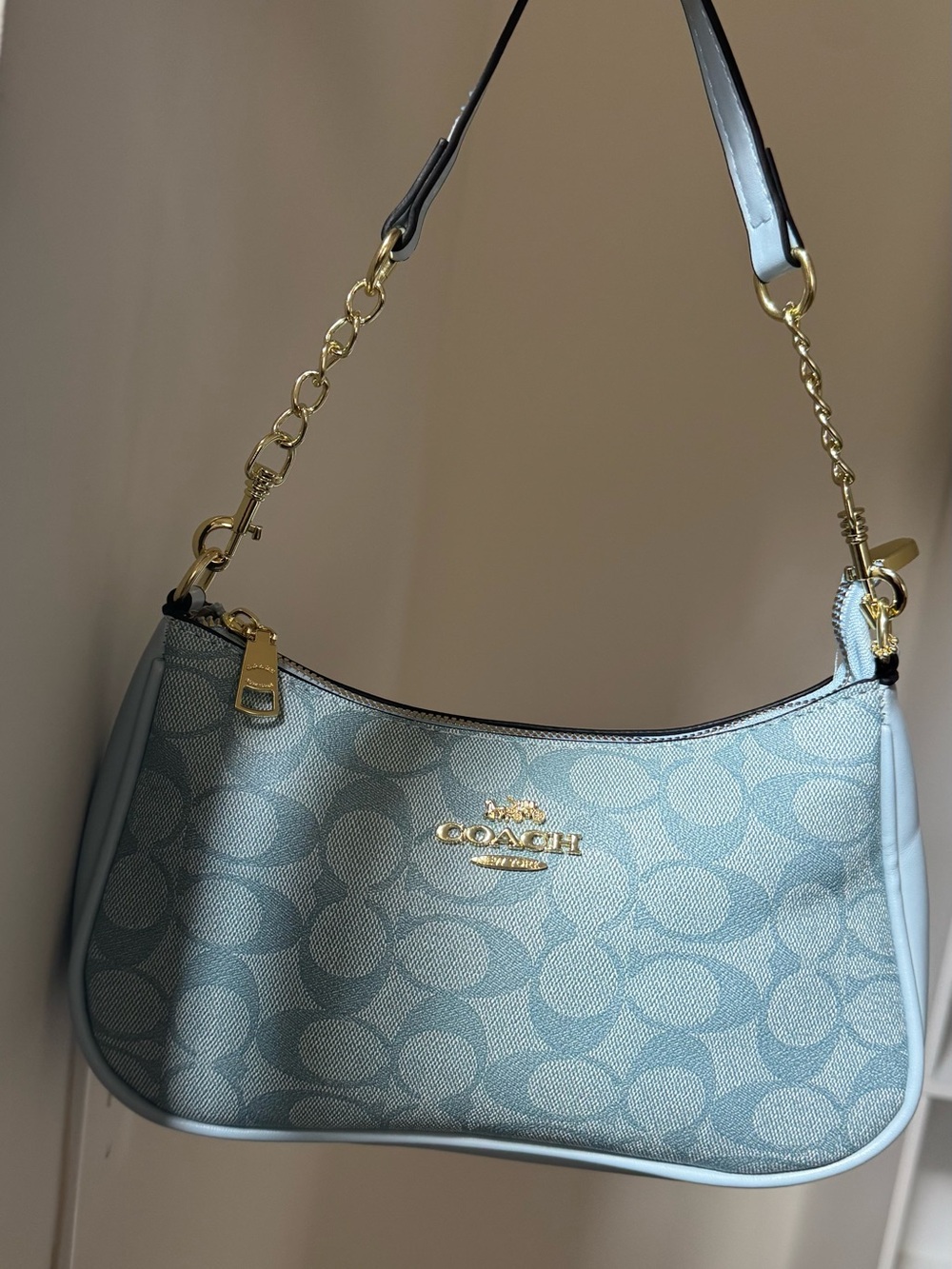 Coach Light Blue Signature Mini Shoulder Bag with Gold Hardware